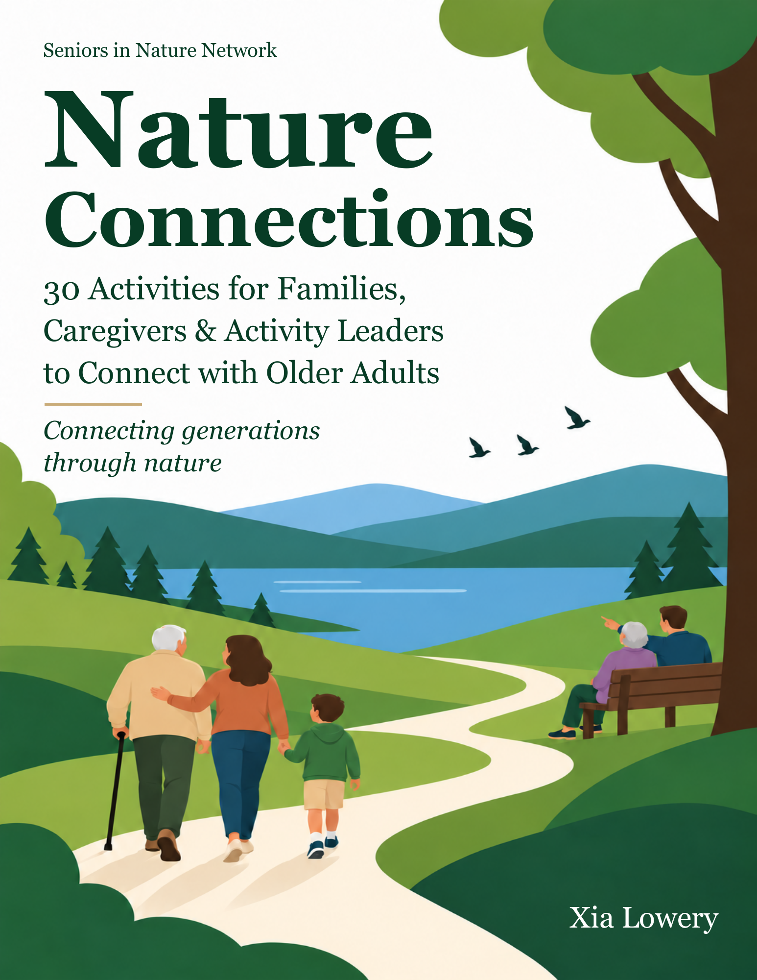 Nature Connections: a family and caregiver enjoying a green lakeside landscape